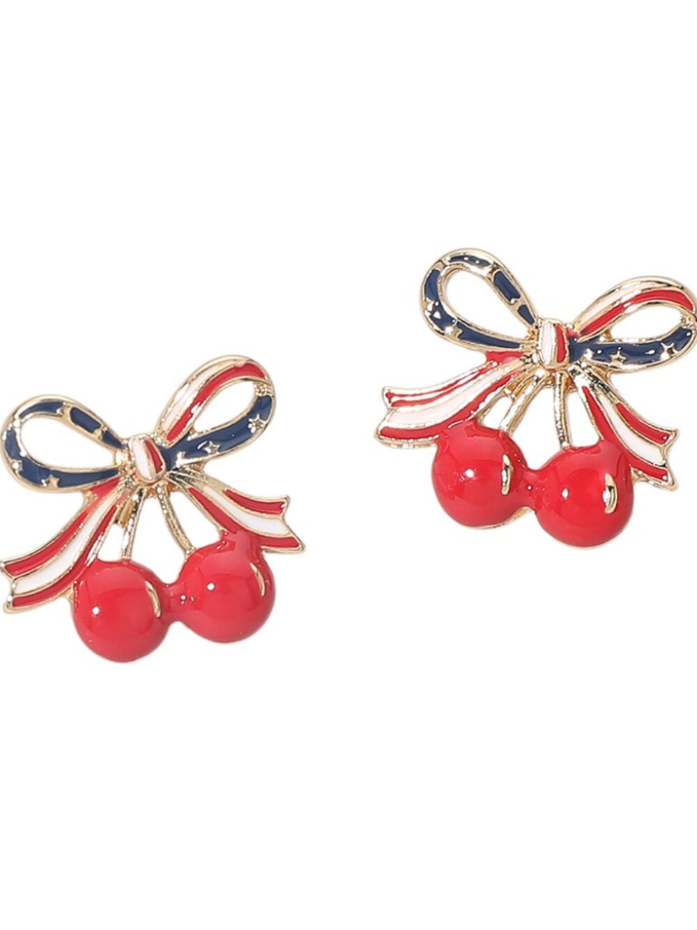 American USA Flag Bow Cherry Stud Earrings - Picture 2 of 2